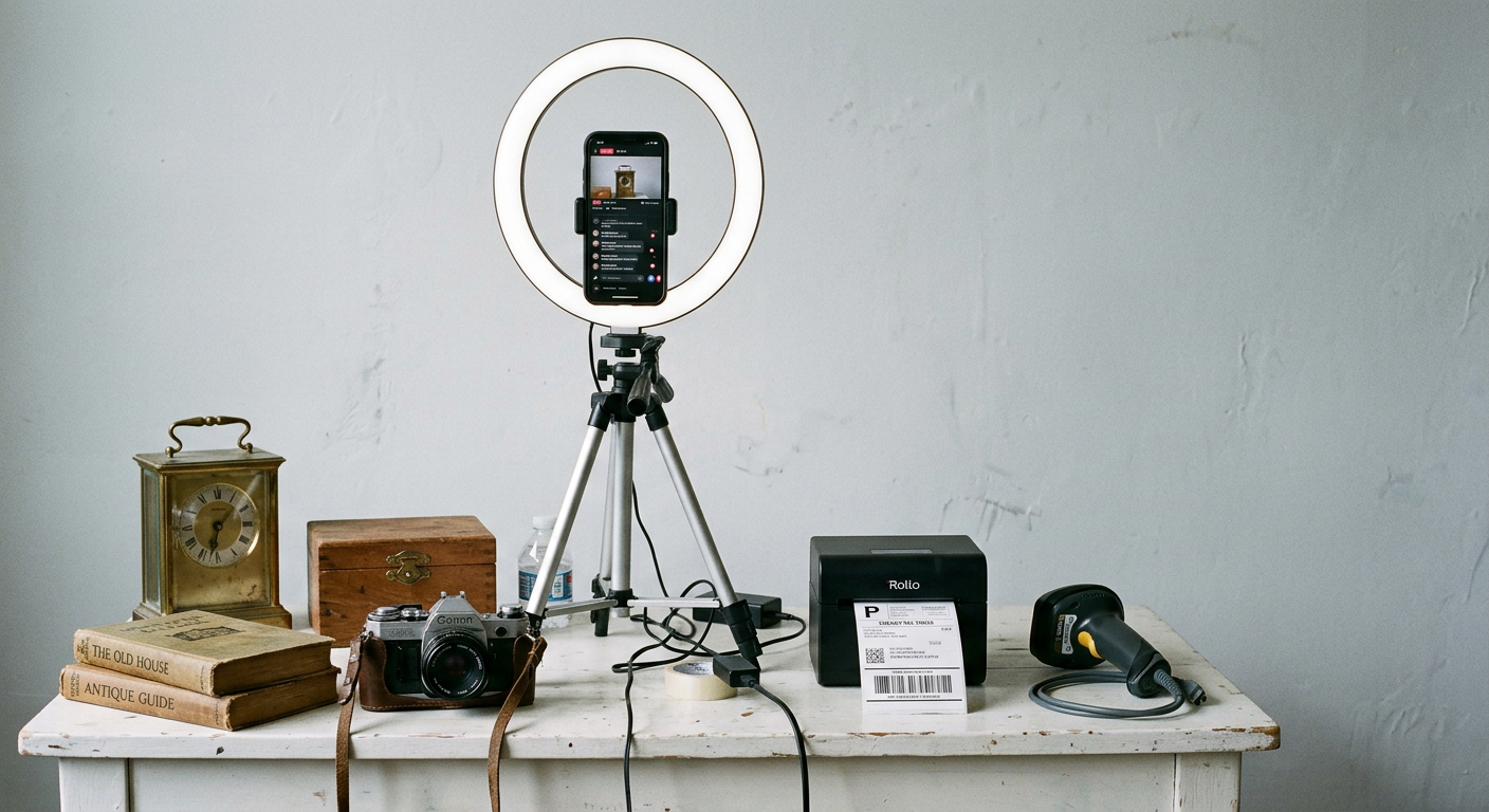 Live-stream auction setup with ring light, smartphones, label printer, barcode scanner and collectibles